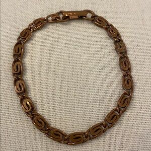 Vintage Solid Copper Scroll Link Bracelet With Fold Over Clasp 7 1/4”